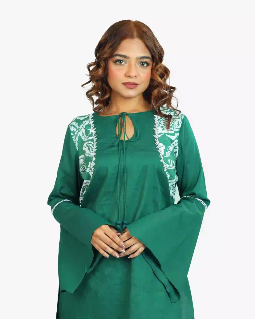 ISRA 2-Piece Green Kameez with Stylish Printed Pants