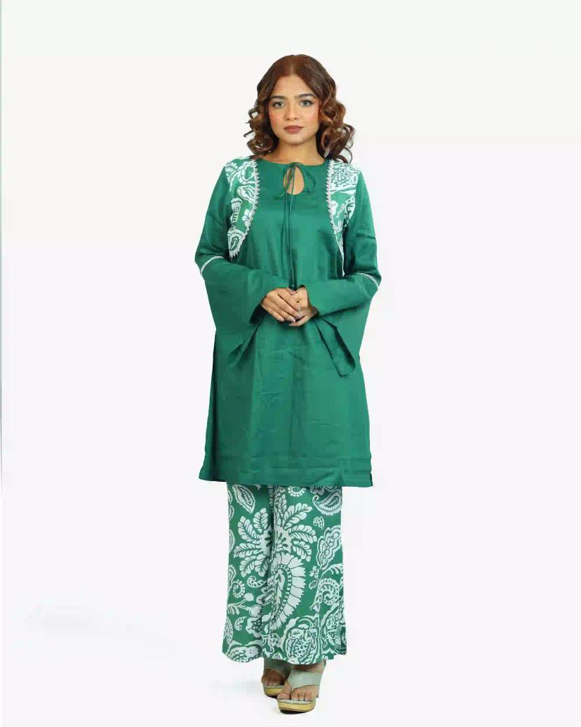 ISRA 2-Piece Green Kameez with Stylish Printed Pants