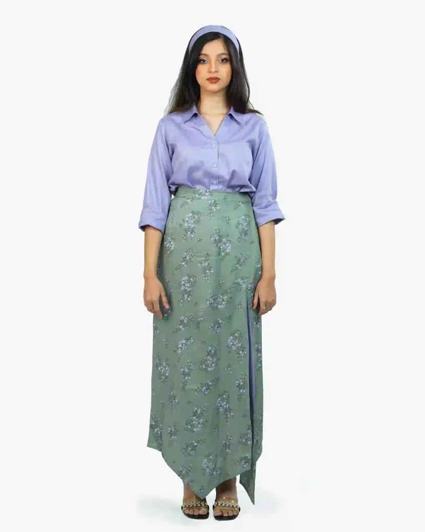 NABA Lavender Shirt & Stunning Green Printed Skirt