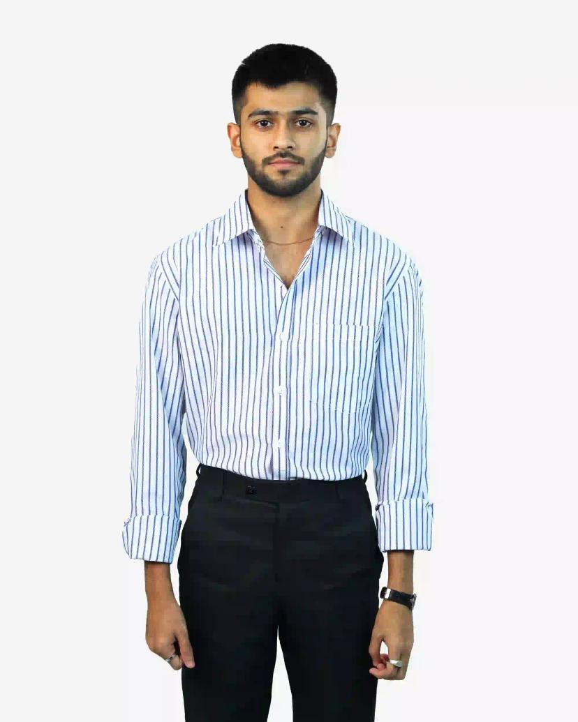 ADAM Essential Regular-Fit Formal Shirt with Elegant White and Blue Stripes