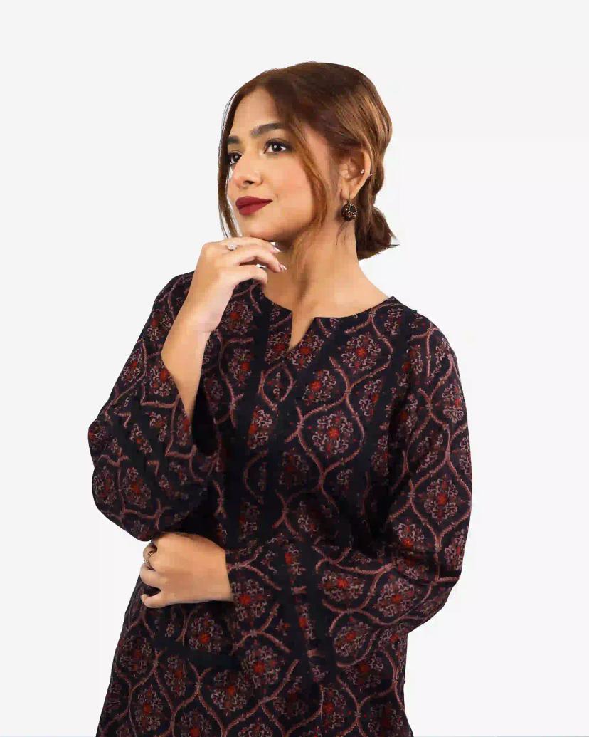 NOOR Black Printed Cotton Set Featuring Stunning Lace Detailing for a Perfect Fit