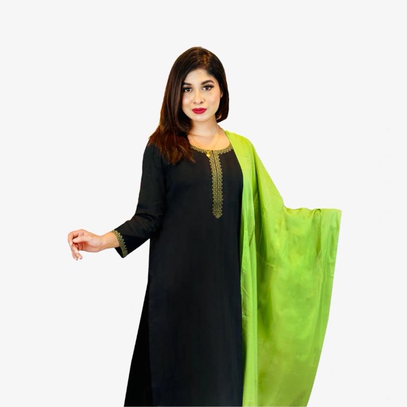 Black & Green Embroidered Three-Piece Set