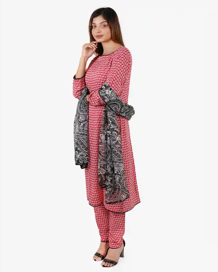 Red Linen Three-Piece Set with Chiffon Orna