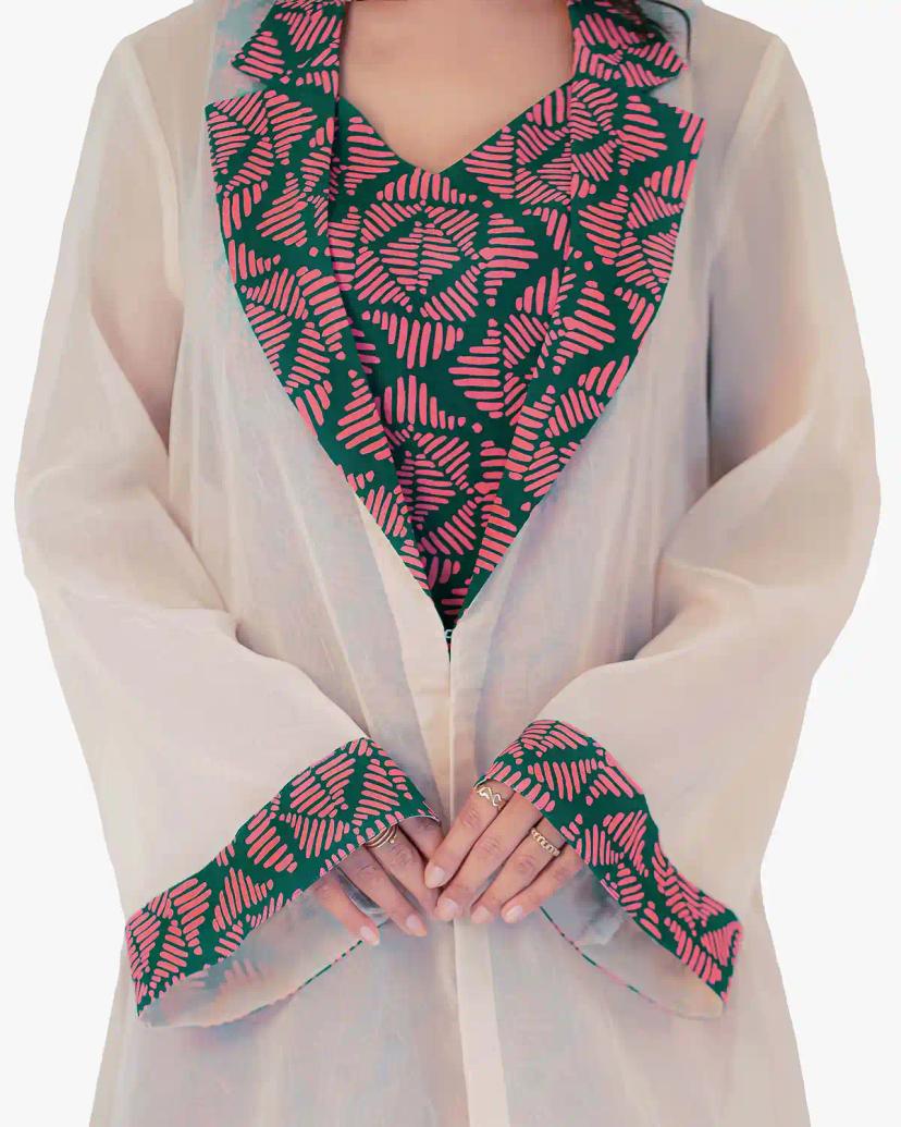 NICOLE Coral Pink Line Printed Blouse and Pant With Soft Organza Over Coat Set (3 Piece)