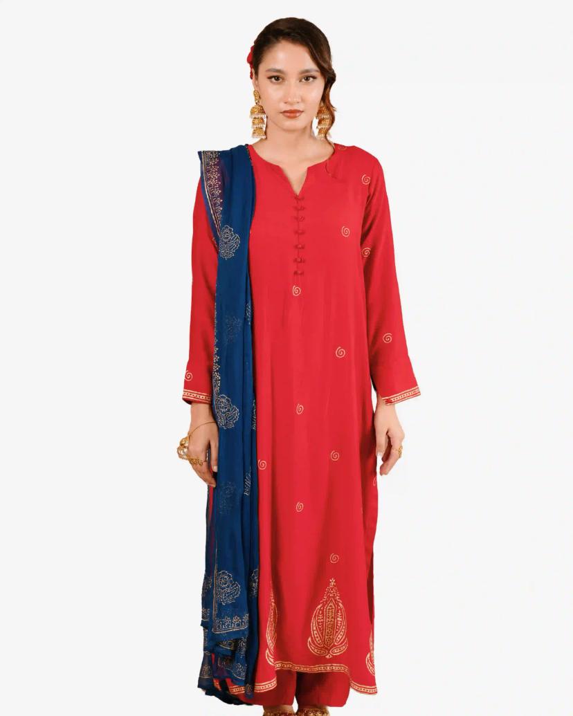GULSHA Red & Blue Premium Women 3 Piece Salwar Kameez