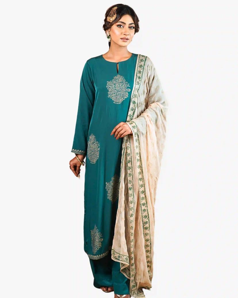 TORULOTA Green & Golden Hand Block Premium Women 3 Piece Salwar Kameez