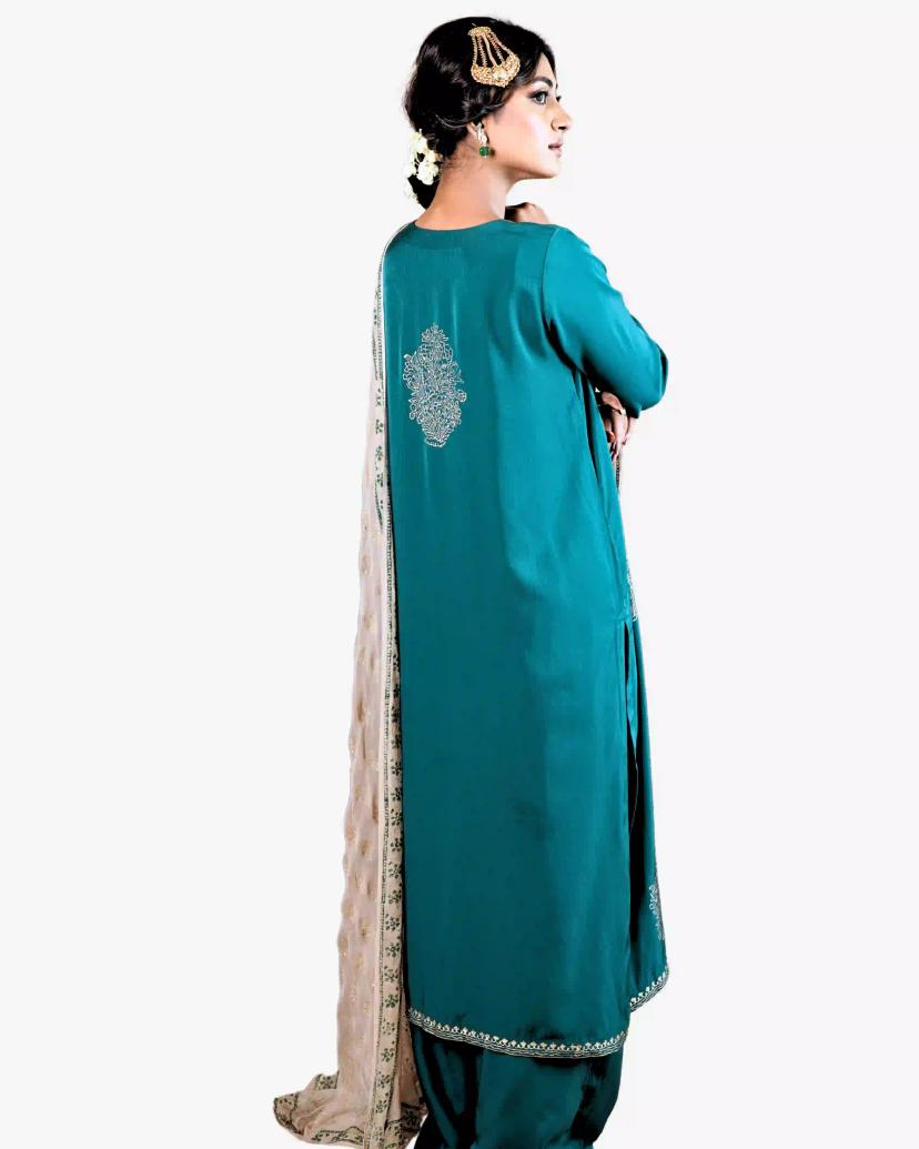 TORULOTA Green & Golden Hand Block Premium Women 3 Piece Salwar Kameez