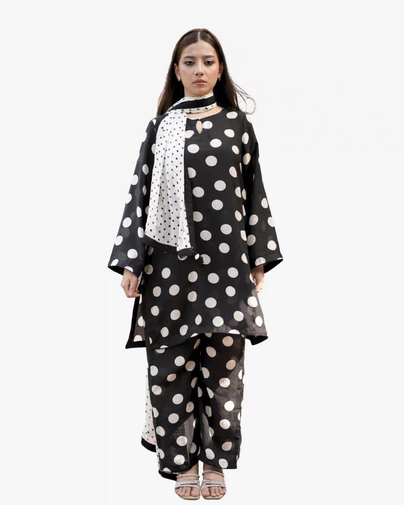 BONOLOTA Black and White Cotton Shalwar Kameez – 3 Piece Set for Women